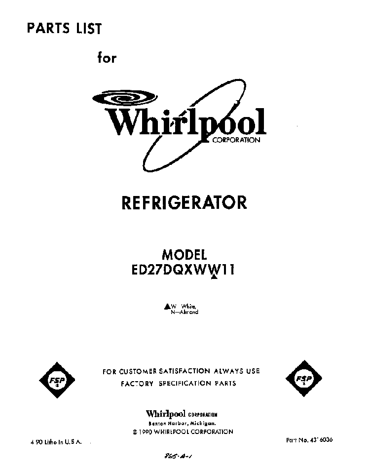Front Cover Diagram and Parts List for ED27DQZWN11  Whirlpool Refrigerator