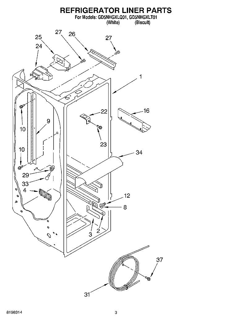 REFRIGERATOR LINER Diagram and Parts List for GD5NHGXLT01  Whirlpool Refrigerator
