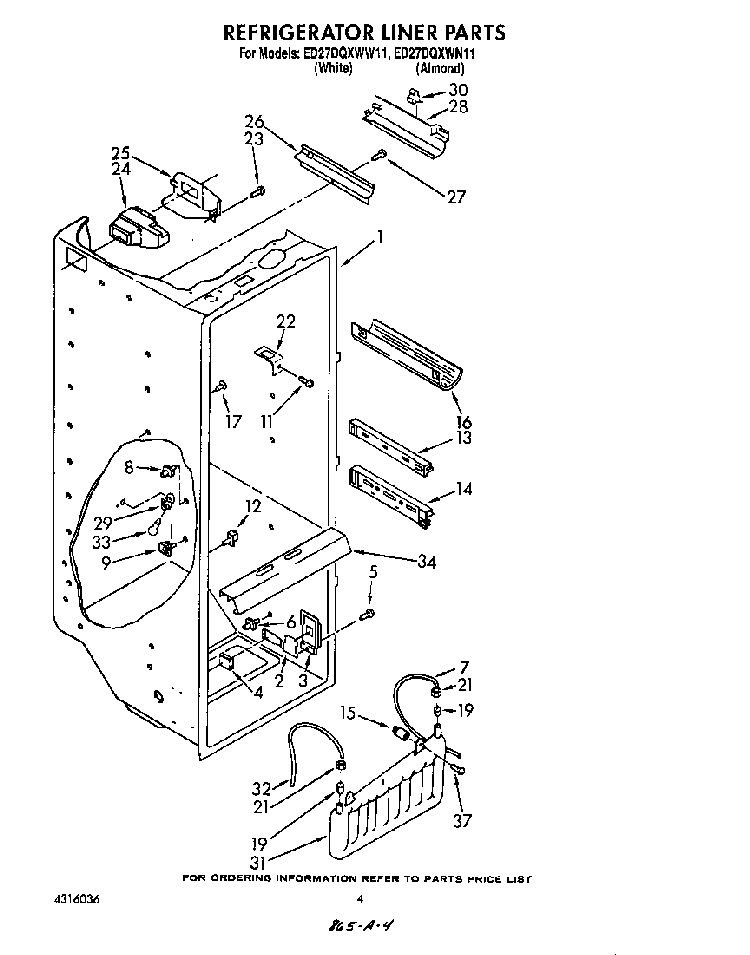 Refrigerator Liner Diagram and Parts List for ED27DQZWN11  Whirlpool Refrigerator