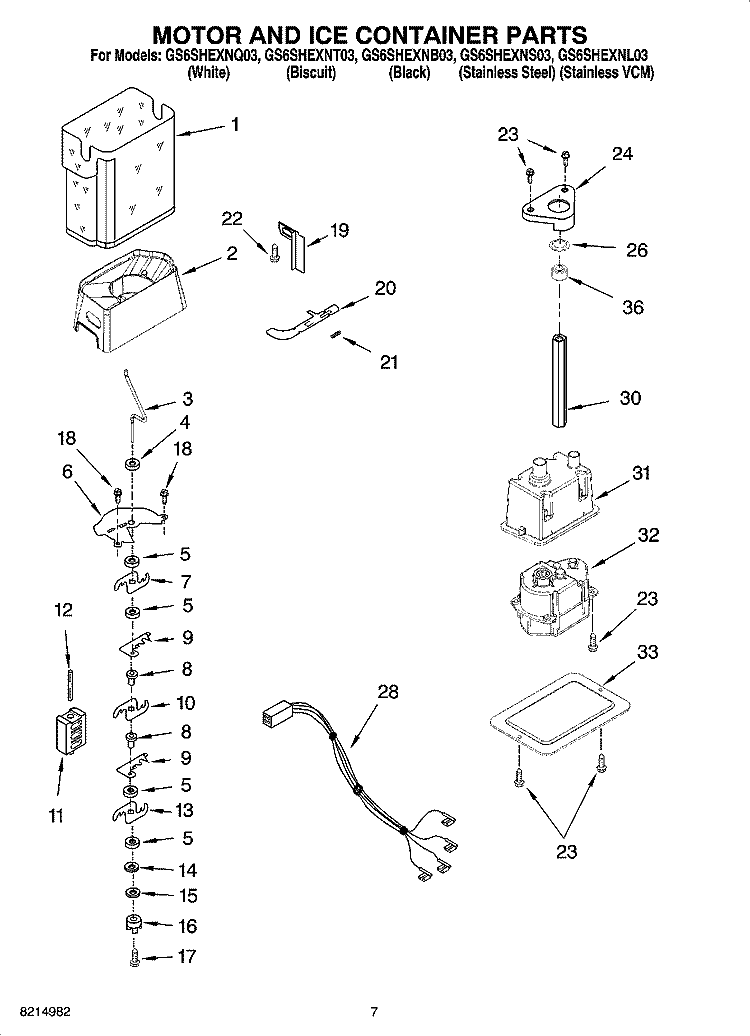 MOTOR AND ICE CONTAINER PARTS Diagram and Parts List for GS6SHEXNT03  Whirlpool Refrigerator