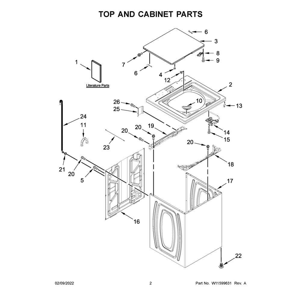 Top And Cabinet Diagram and Parts List for  Whirlpool Washer