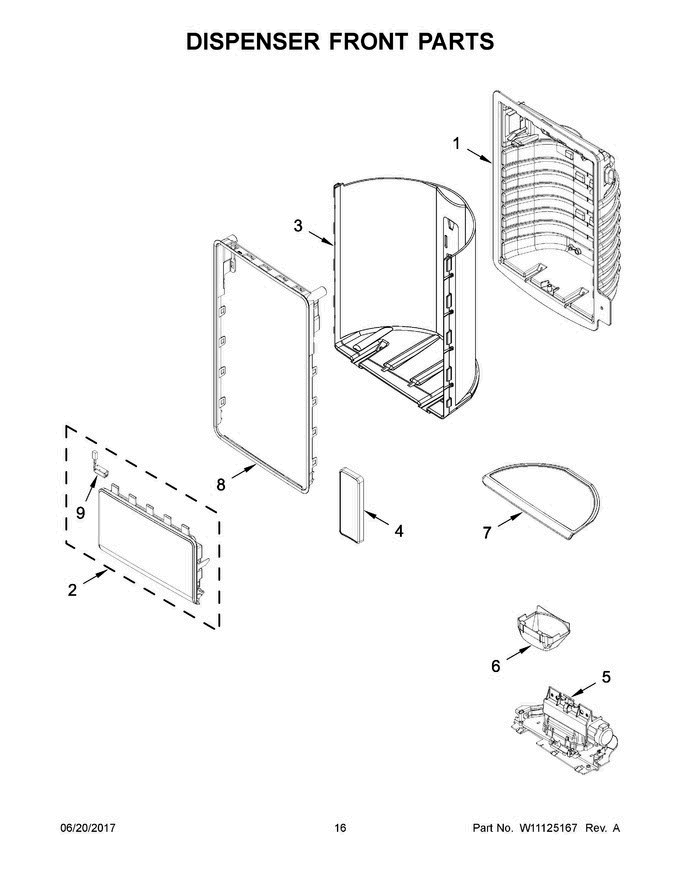 09 - Dispenser Front Parts Diagram and Parts List for  Whirlpool Refrigerator