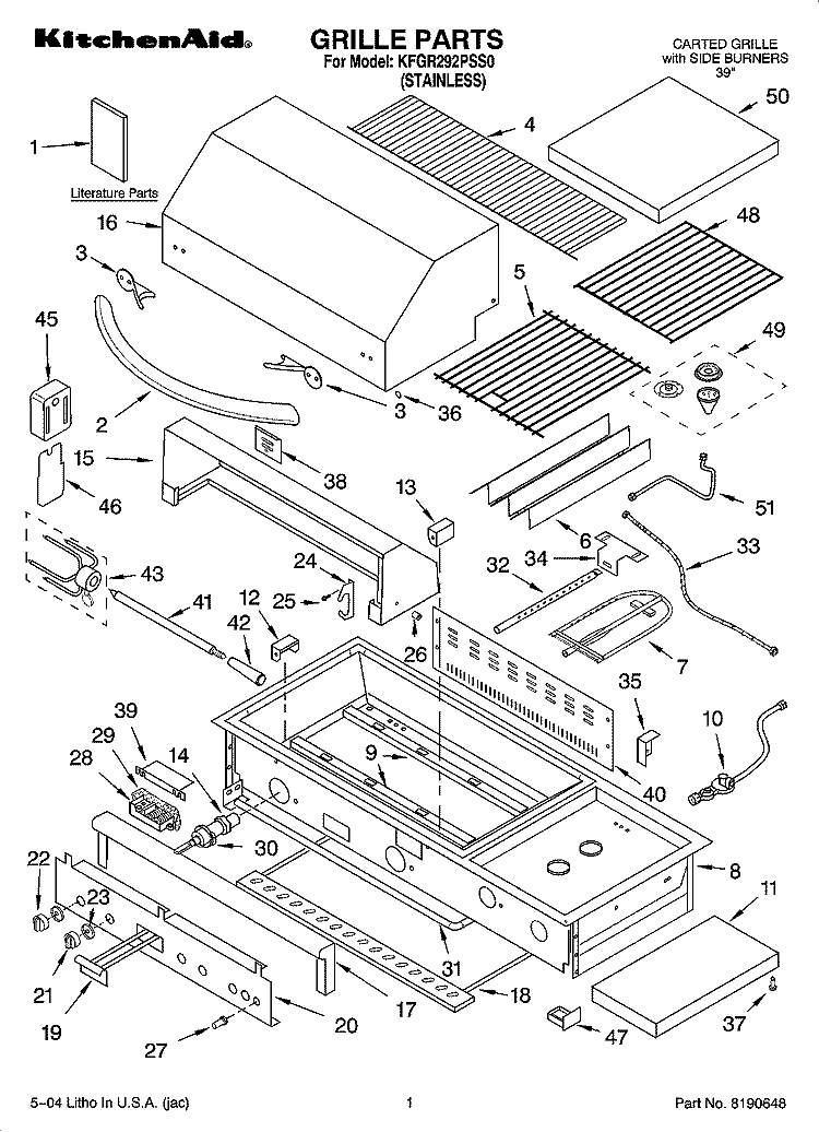 GRILLE PARTS Diagram and Parts List for KFGR292PSS0  KitchenAid Grill