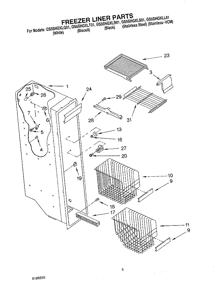 FREEZER LINER PARTS Diagram and Parts List for GS5SHGXLT01  Whirlpool Refrigerator