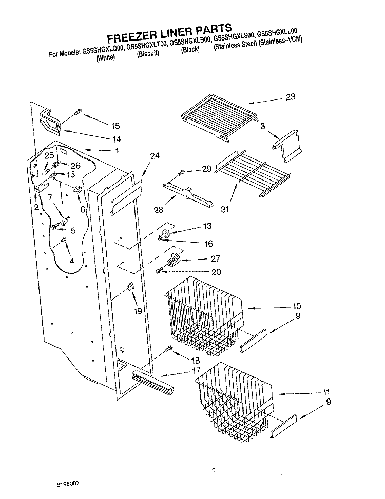 FREEZER LINER Diagram and Parts List for GS5SHGXLS00  Whirlpool Refrigerator