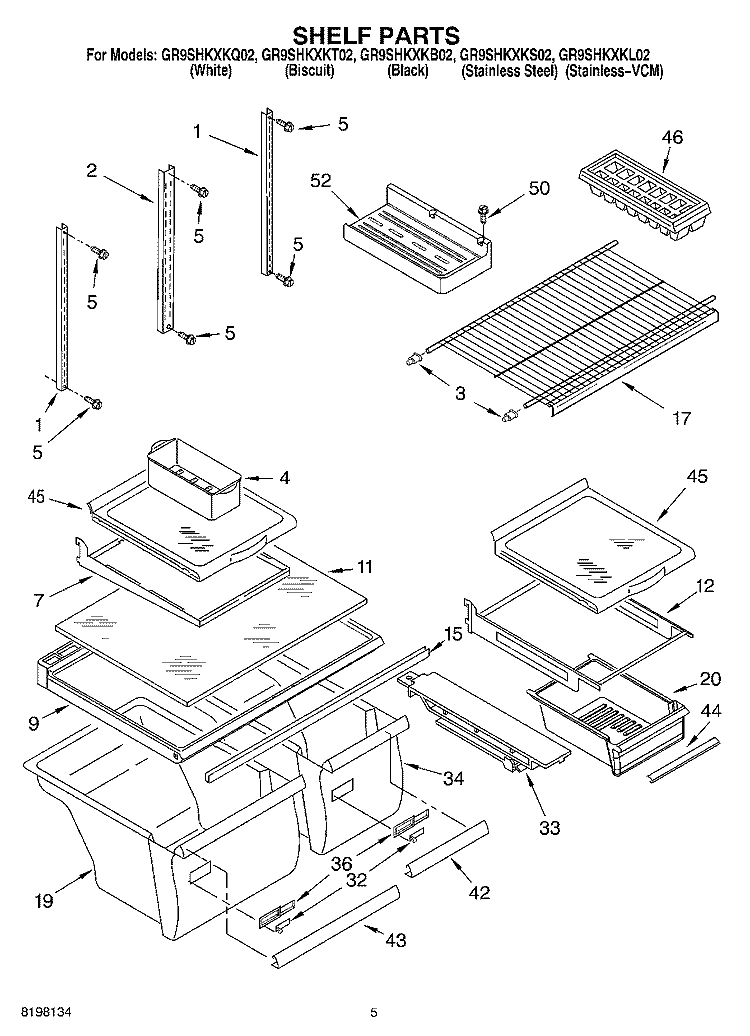 SHELF Diagram and Parts List for GR9SHKXKL02  Whirlpool Refrigerator