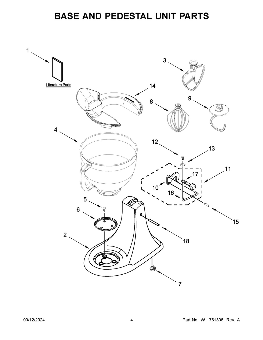 03 - Base And Pedestal Unit Parts Diagram and Parts List for KSM156MPTFL5  Whirlpool Mixer