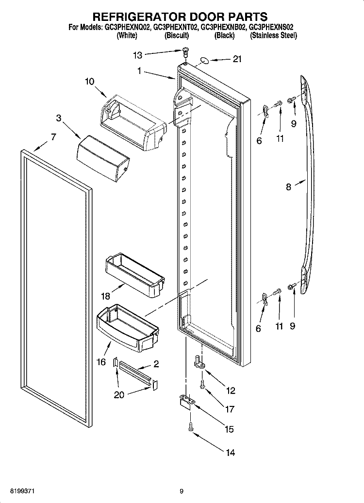 REFRIGERATOR DOOR PARTS Diagram and Parts List for GC3PHEXNB02  Whirlpool Refrigerator