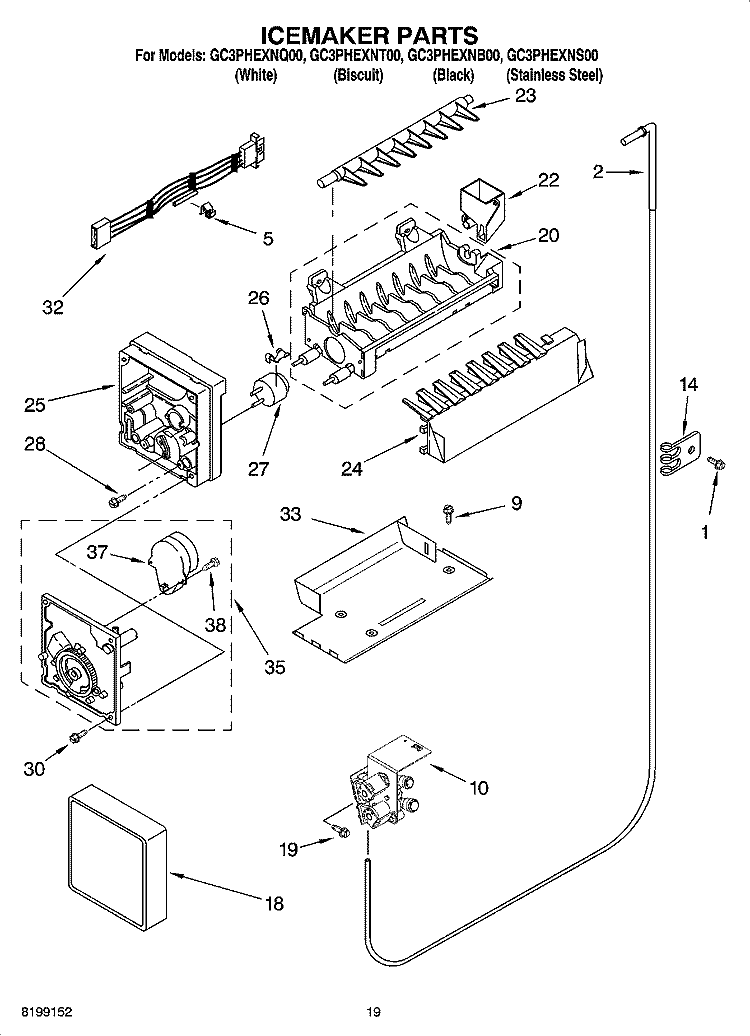 ICEMAKER PARTS, OPTIONAL PARTS Diagram and Parts List for GC3PHEXNB00  Whirlpool Refrigerator