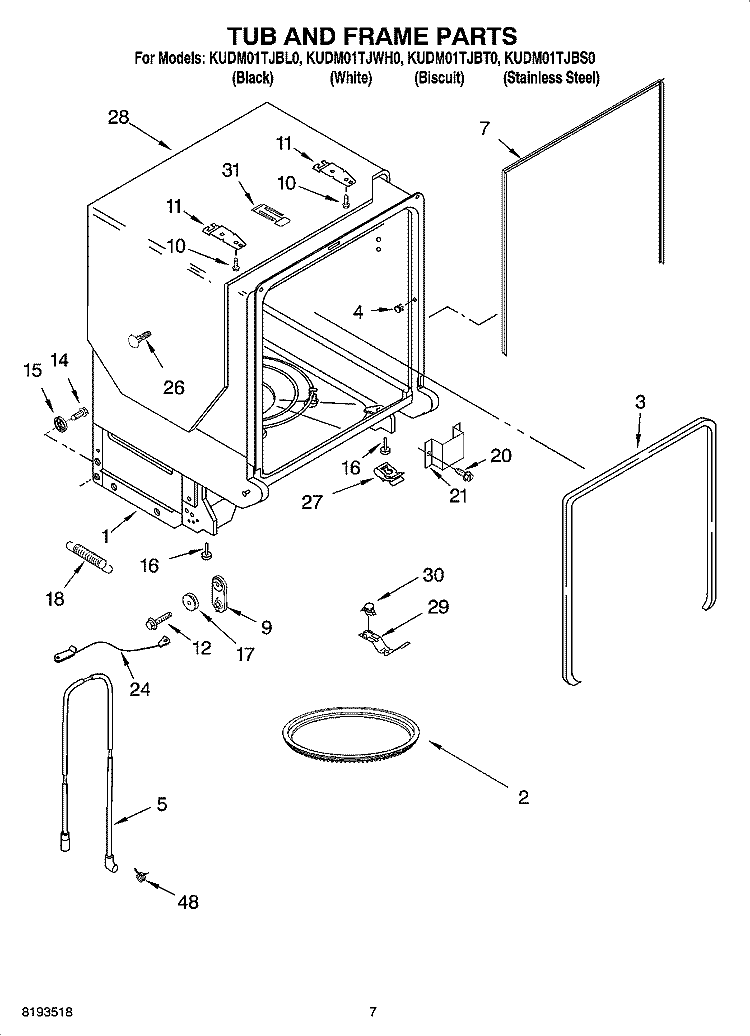 TUB AND FRAME PARTS Diagram and Parts List for  KitchenAid Dishwasher