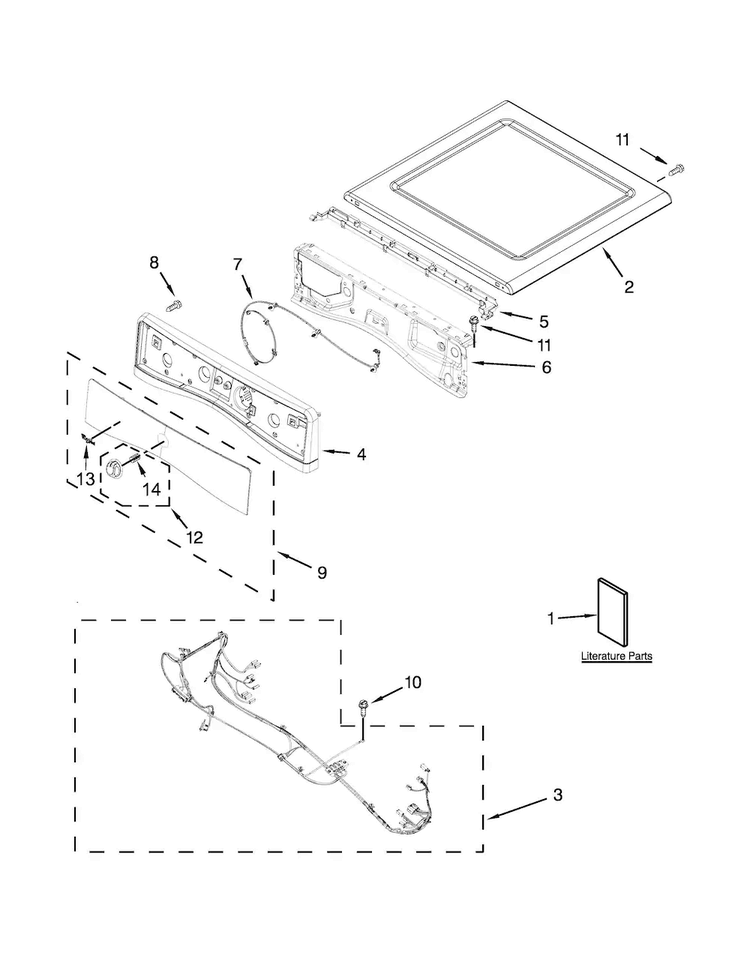 Top And Console Parts Diagram and Parts List for  Whirlpool Dryer