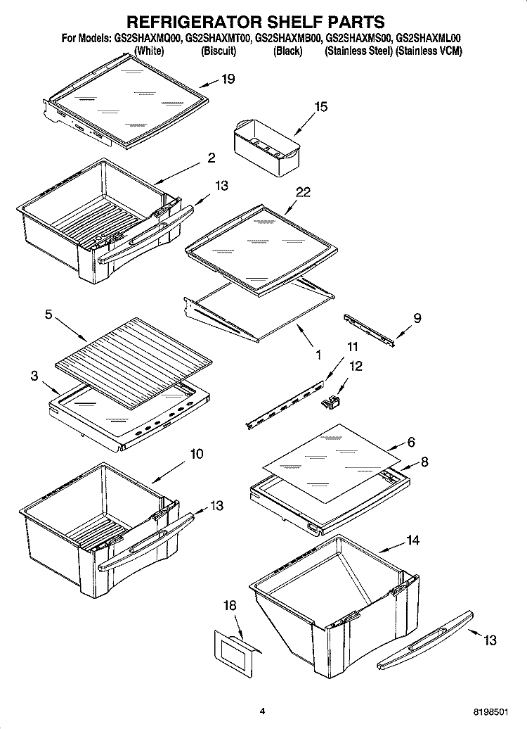 REFRIGERATOR SHELF PARTS Diagram and Parts List for GS2SHAXMB00  Whirlpool Refrigerator