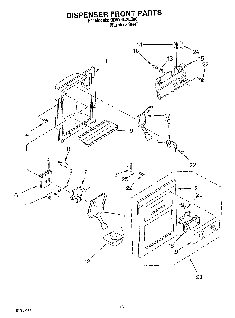 DISPENSER FRONT Diagram and Parts List for GD5YHEXLS00  Whirlpool Refrigerator