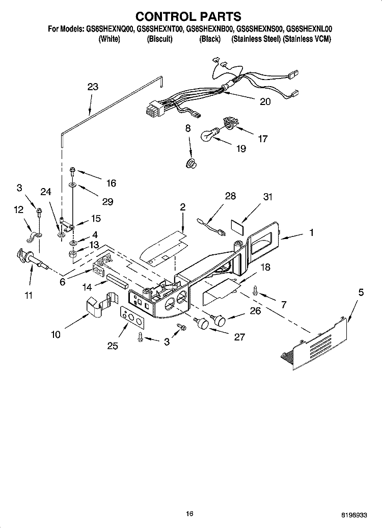 CONTROL PARTS Diagram and Parts List for GS6SHEXNB00  Whirlpool Refrigerator