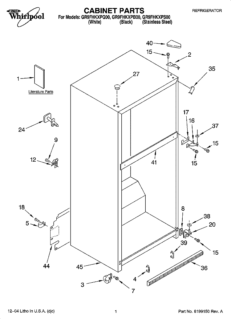 CABINET PARTS Diagram and Parts List for GR9FHKXPS00  Whirlpool Refrigerator