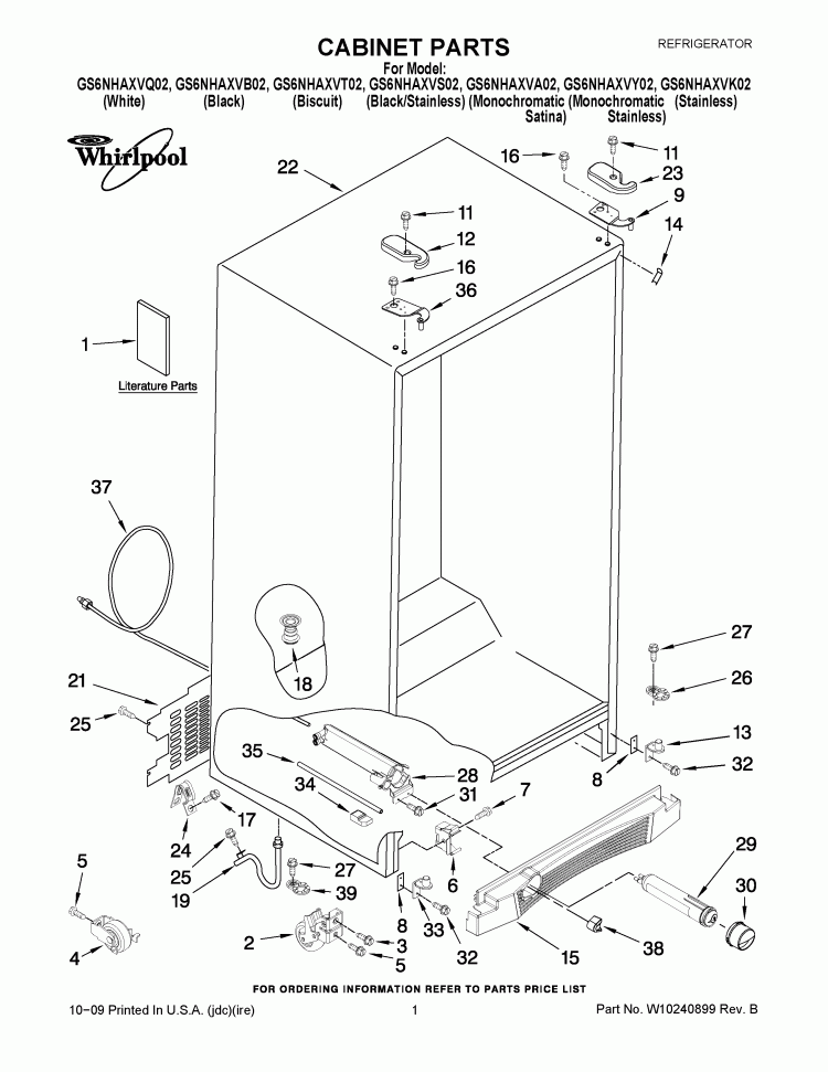 CABINET PARTS Diagram and Parts List for GS6NHAXVA02  Whirlpool Refrigerator