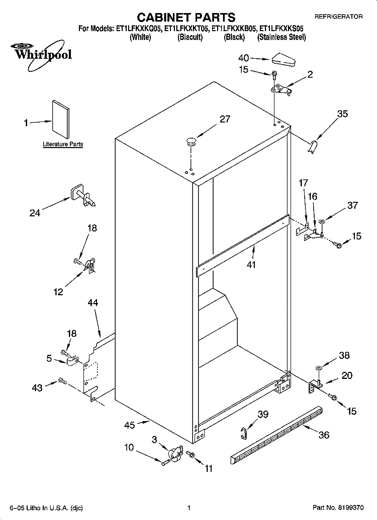 CABINET PARTS Diagram and Parts List for ET1LFKXKT05  Whirlpool Refrigerator