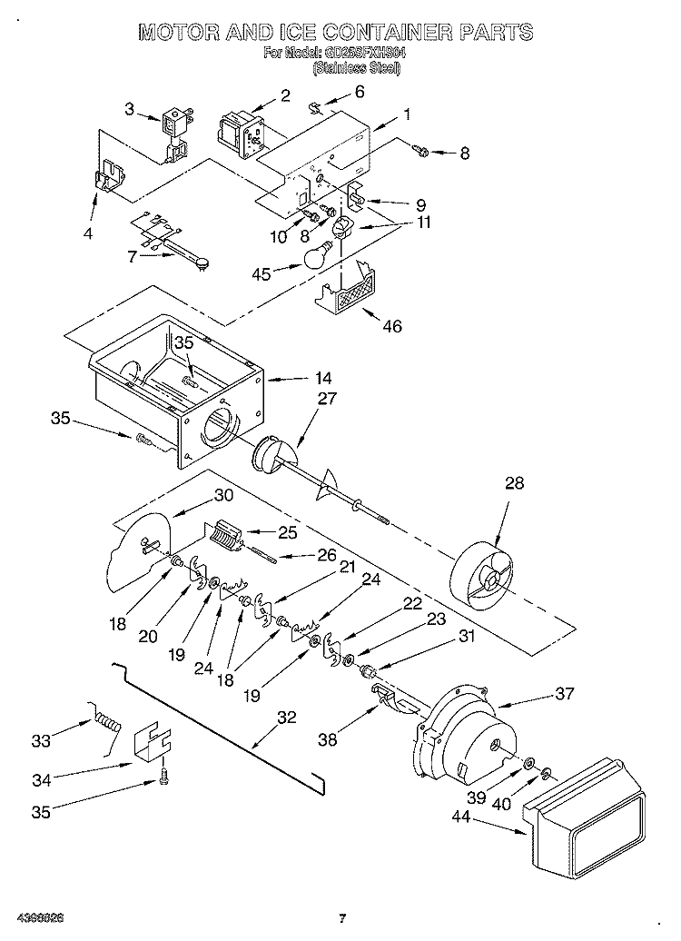 MOTOR AND ICE CONTAINER Diagram and Parts List for GD25SFXHS04  Whirlpool Refrigerator