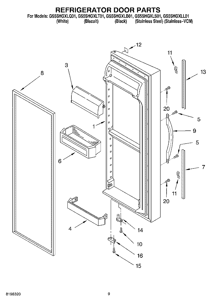 REFRIGERATOR DOOR PARTS Diagram and Parts List for GS5SHGXLT01  Whirlpool Refrigerator