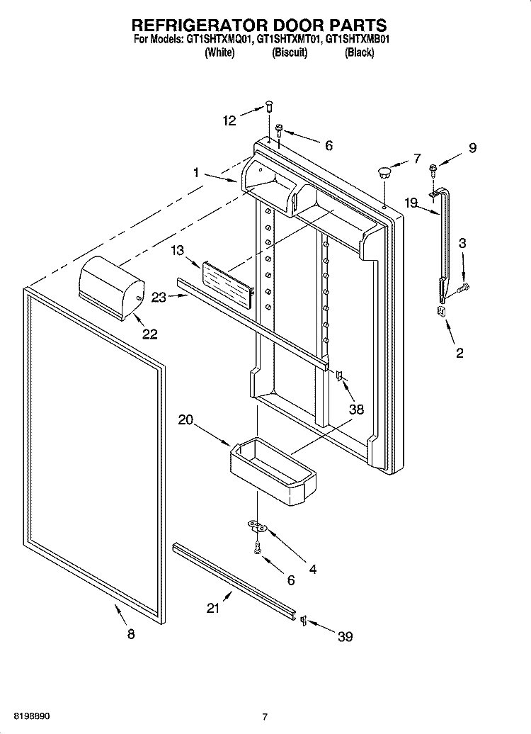 REFRIGERATOR DOOR PARTS Diagram and Parts List for GT1SHTXMB01  Whirlpool Refrigerator