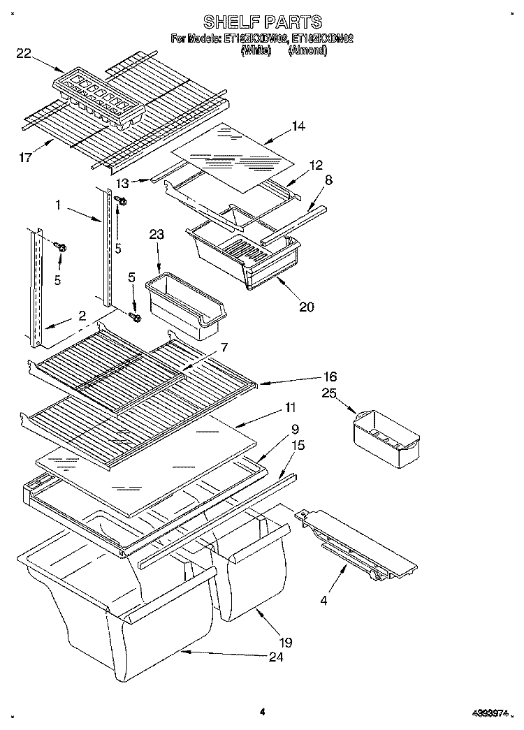 SHELF Diagram and Parts List for ET18ZKXDN02  Whirlpool Refrigerator