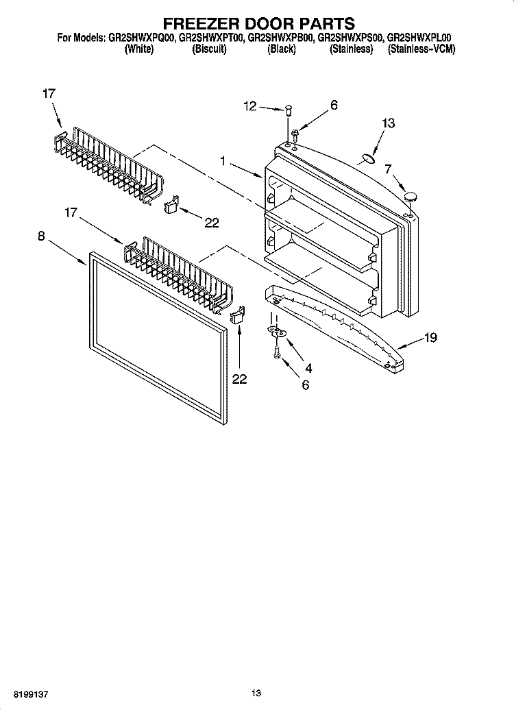 FREEZER DOOR PARTS Diagram and Parts List for GR2SHWXPS00  Whirlpool Refrigerator