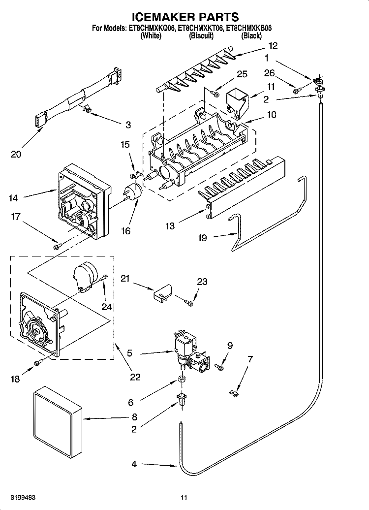 ICEMAKER PARTS, OPTIONAL PARTS Diagram and Parts List for ET8CHMXKB06  Whirlpool Refrigerator