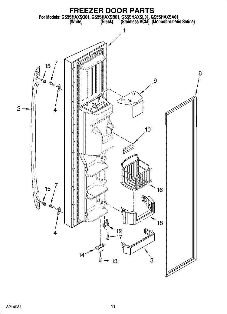 FREEZER DOOR PARTS Diagram and Parts List for GS5SHAXSB01  Whirlpool Refrigerator