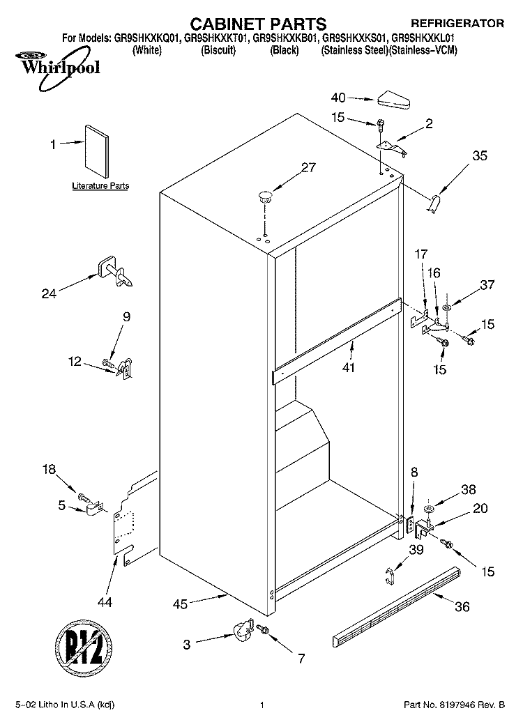 CABINET, LITERATURE Diagram and Parts List for GR9SHKXKL01  Whirlpool Refrigerator