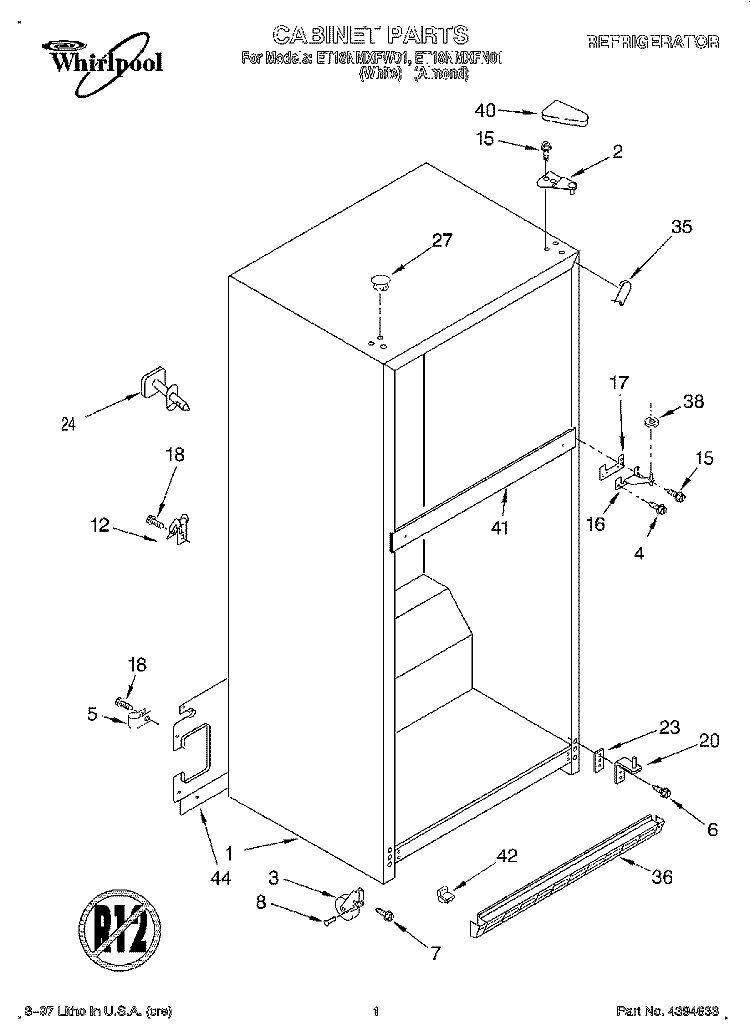 CABINET Diagram and Parts List for ET18NMXFN01  Whirlpool Refrigerator