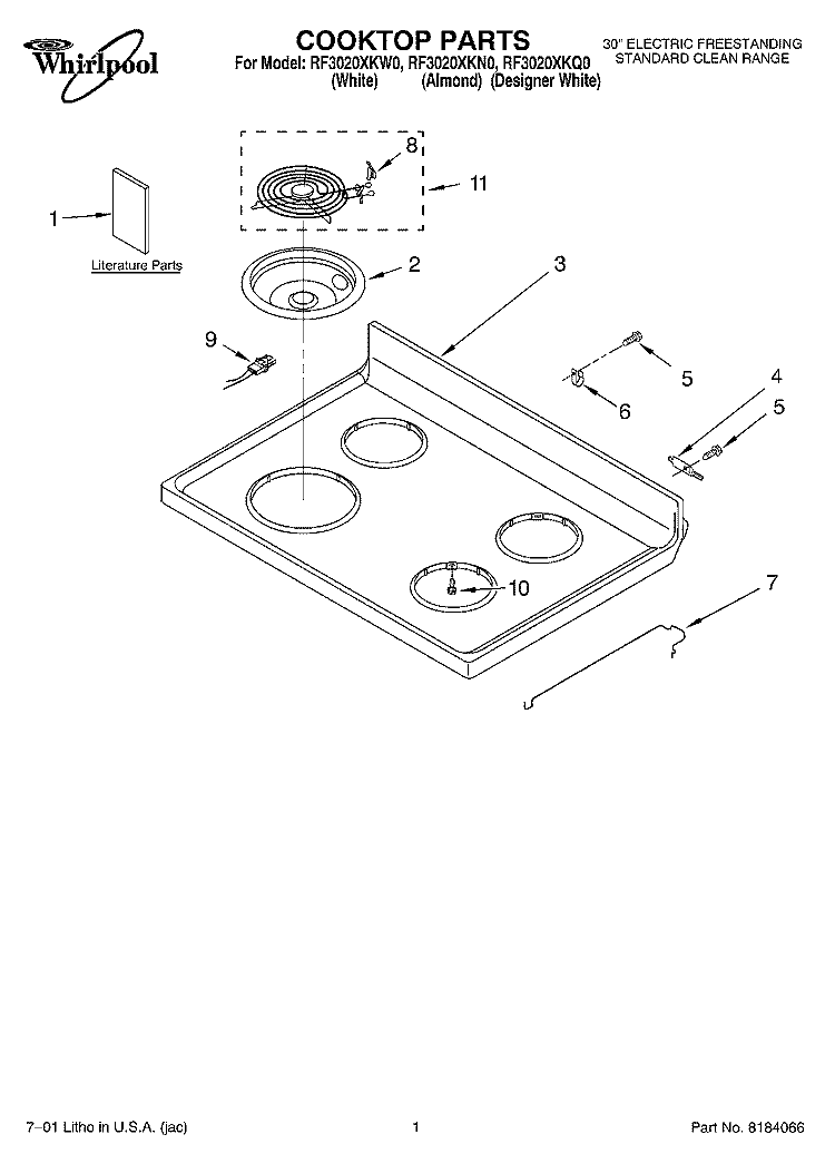 COOKTOP, LITERATURE Diagram and Parts List for  Whirlpool Range