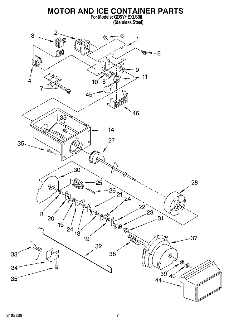 MOTOR AND ICE CONTAINER Diagram and Parts List for GD5YHEXLS00  Whirlpool Refrigerator