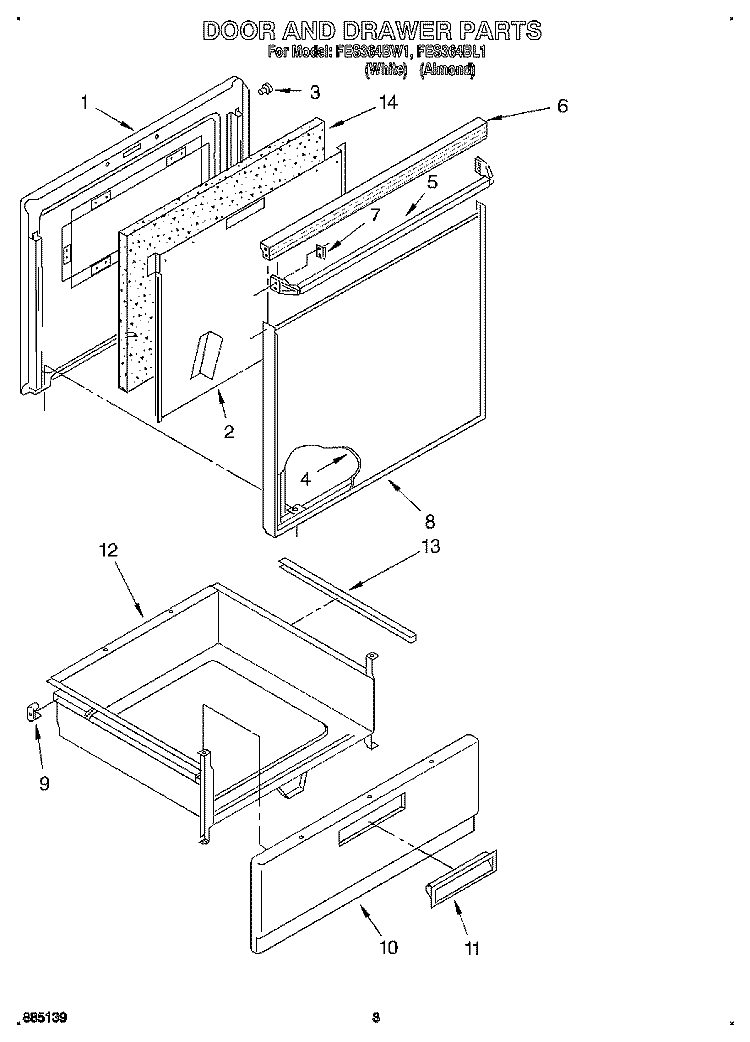 DOOR AND DRAWER Diagram and Parts List for  Roper Range