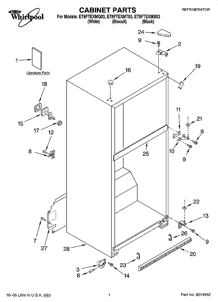 CABINET PARTS Diagram and Parts List for ET8FTEXMB03  Whirlpool Refrigerator
