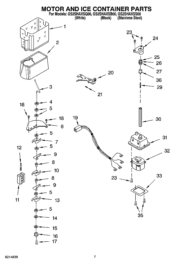 MOTOR AND ICE CONTAINER PARTS Diagram and Parts List for GS2SHAXSS00  Whirlpool Refrigerator