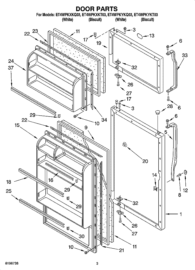 DOOR PARTS Diagram and Parts List for ET4WPKXKT03  Whirlpool Refrigerator