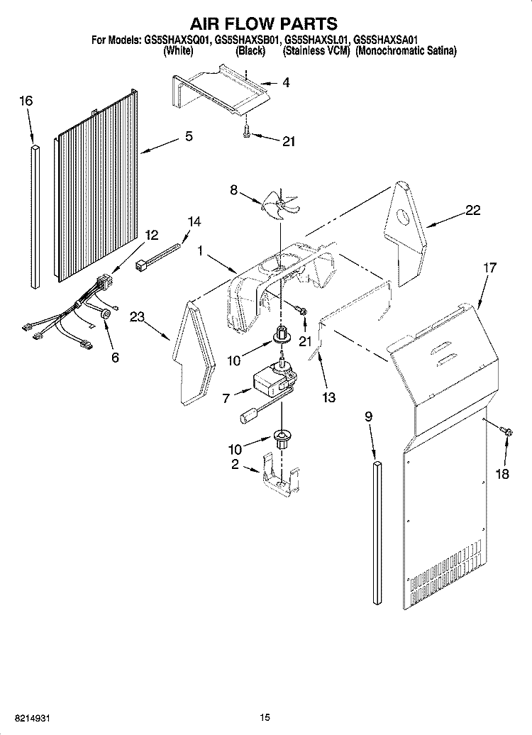 AIR FLOW PARTS Diagram and Parts List for GS5SHAXSB01  Whirlpool Refrigerator