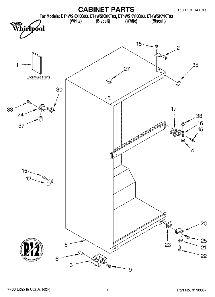 CABINET PARTS Diagram and Parts List for ET4WSKYKT03  Whirlpool Refrigerator