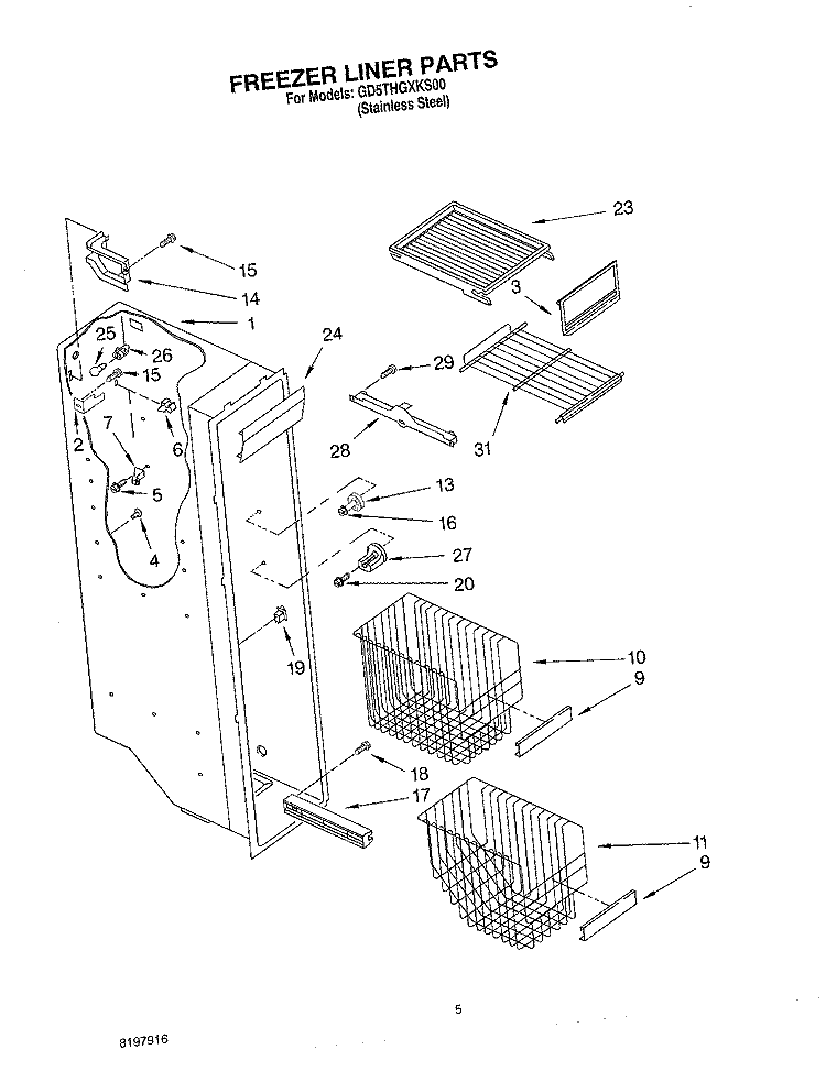 FREEZER LINER Diagram and Parts List for GD5THGXKS00  Whirlpool Refrigerator
