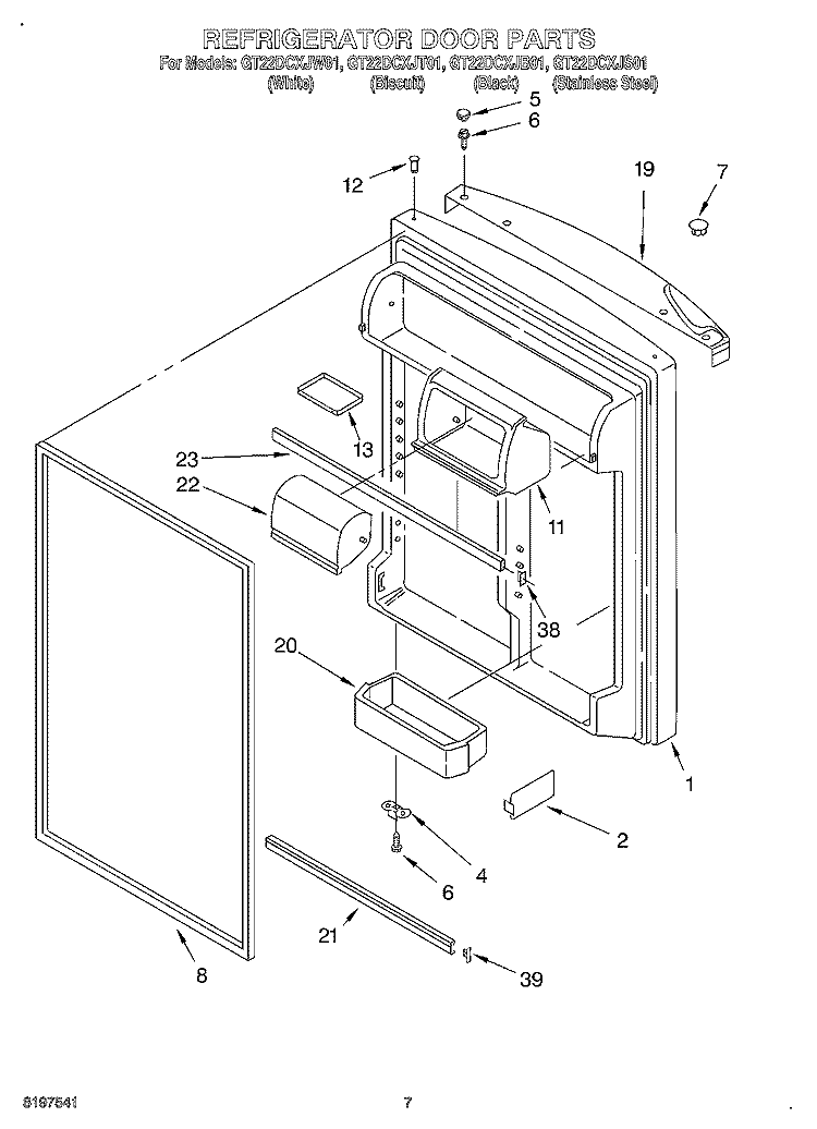 REFRIGERATOR DOOR Diagram and Parts List for GT22DCXJB01  Whirlpool Refrigerator