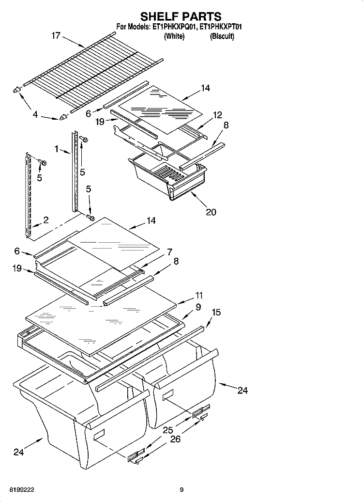SHELF PARTS, OPTIONAL PARTS Diagram and Parts List for ET1PHKXPT01  Whirlpool Refrigerator