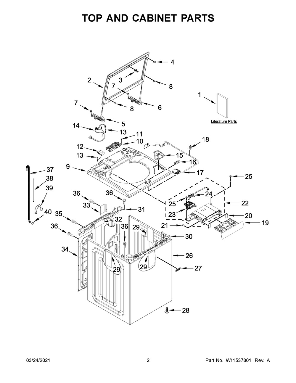 Top And Cabinet Parts Diagram and Parts List for  Whirlpool Washer