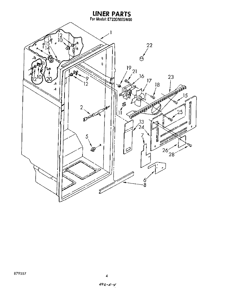 LINER Diagram and Parts List for ET22DMXSW00  Whirlpool Refrigerator