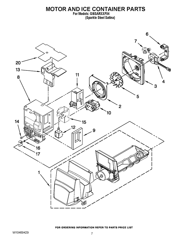 MOTOR AND ICE CONTAINER PARTS Diagram and Parts List for GI6SARXXF04  Whirlpool Refrigerator
