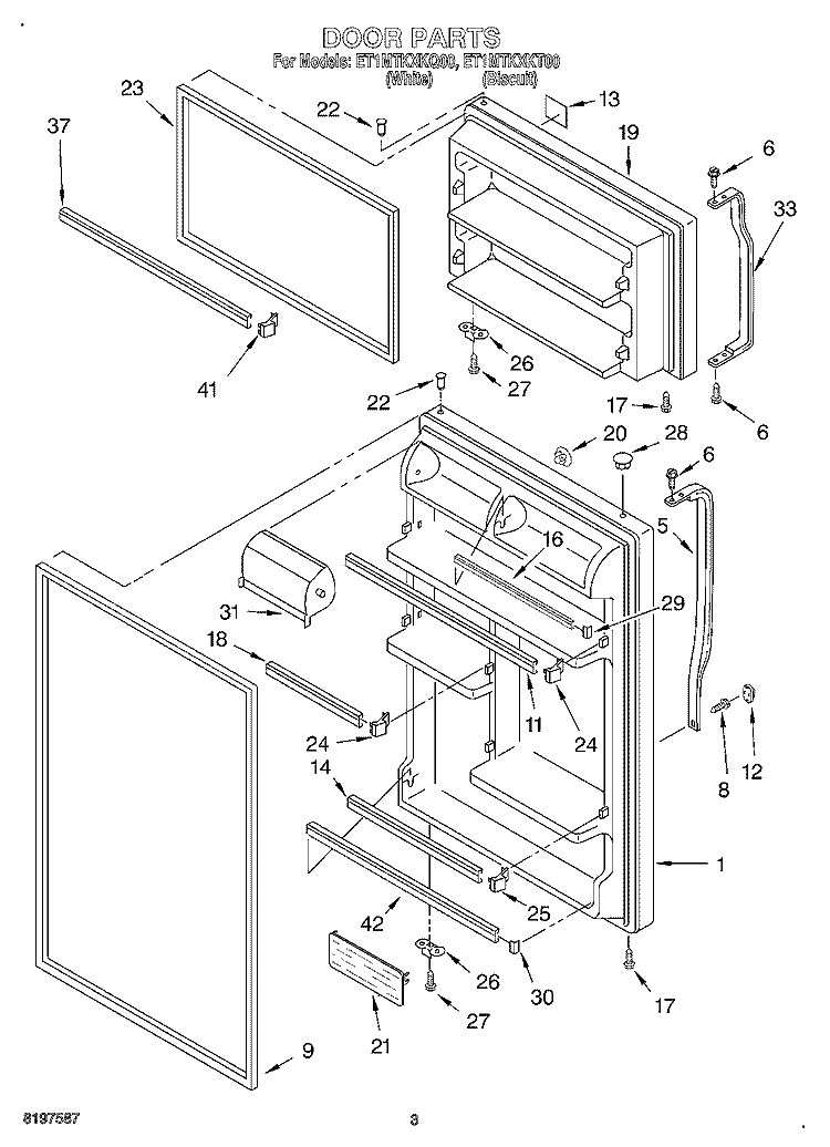 DOOR Diagram and Parts List for ET1MTKXKQ00  Whirlpool Refrigerator