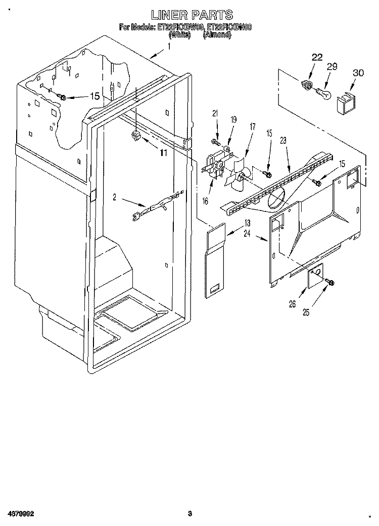 LINER Diagram and Parts List for ET22PKXDN00  Whirlpool Refrigerator