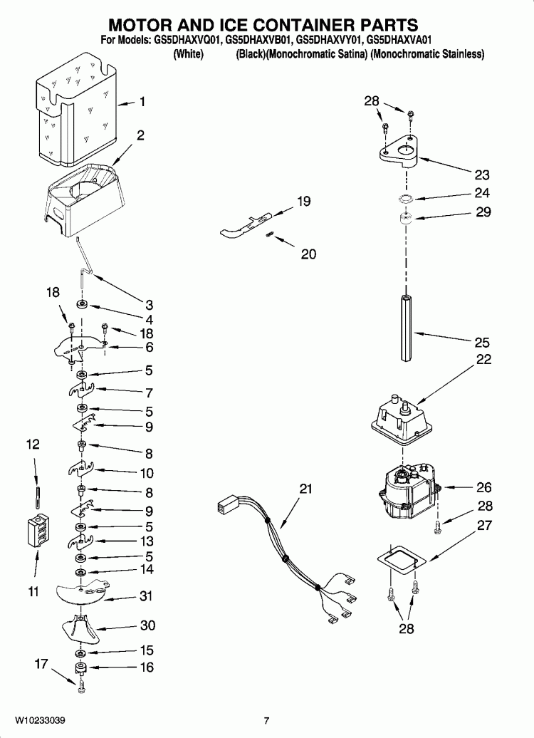 MOTOR AND ICE CONTAINER PARTS Diagram and Parts List for GS5DHAXVY01  Whirlpool Refrigerator