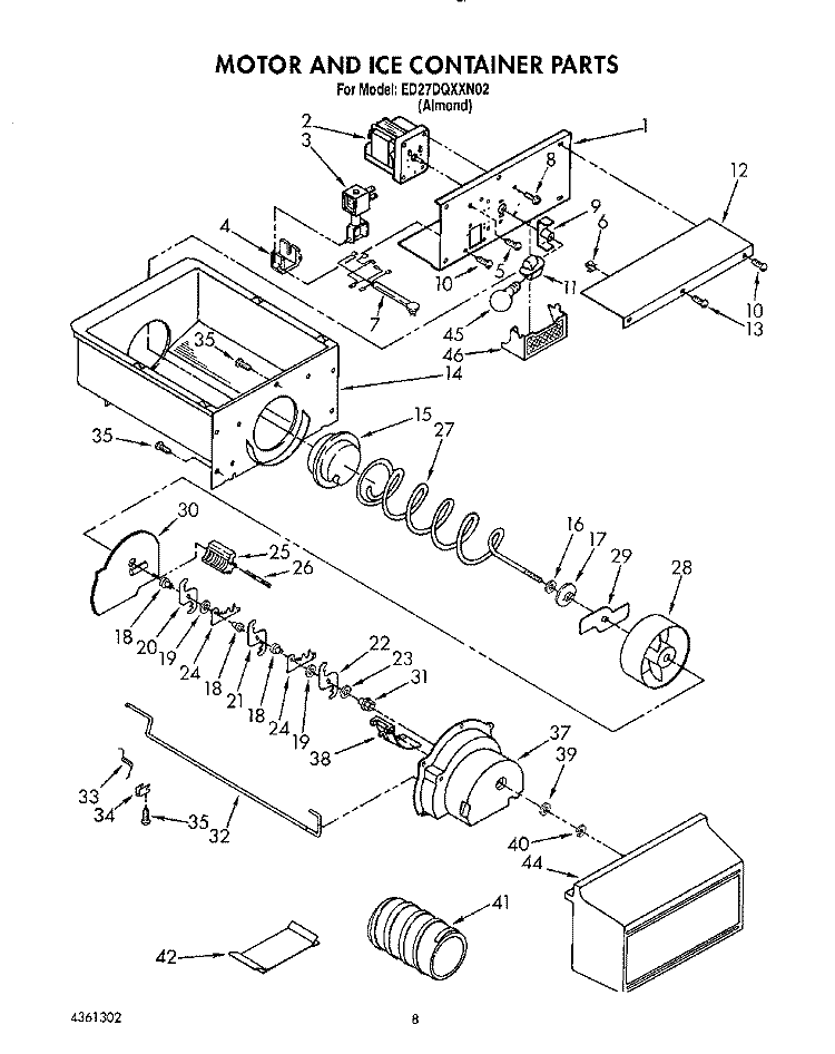 MOTOR AND ICE CONTAINER Diagram and Parts List for ED27DQXXN02  Whirlpool Refrigerator