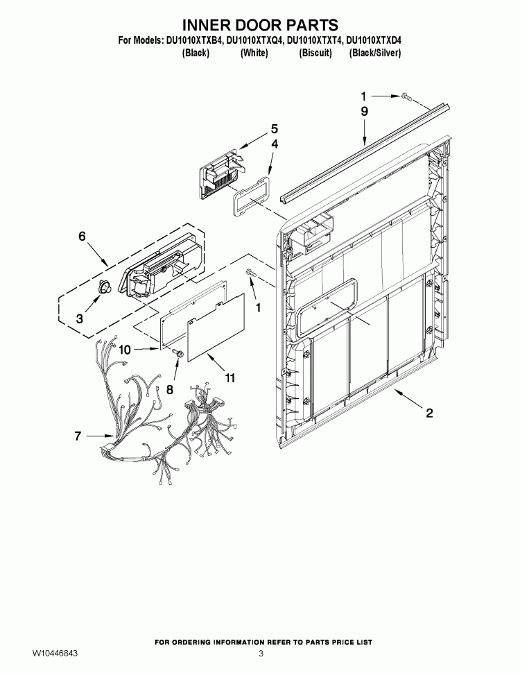 INNER DOOR PARTS Diagram and Parts List for  Whirlpool Dishwasher