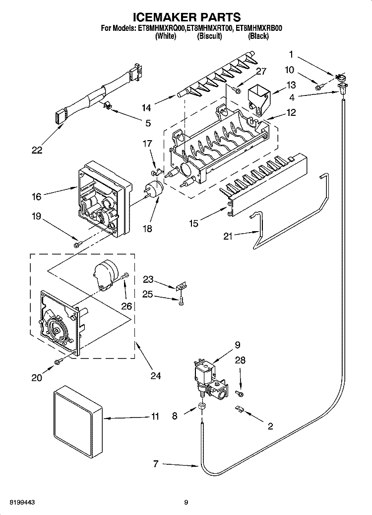 ICEMAKER PARTS Diagram and Parts List for ET8MHMXRT00  Whirlpool Refrigerator